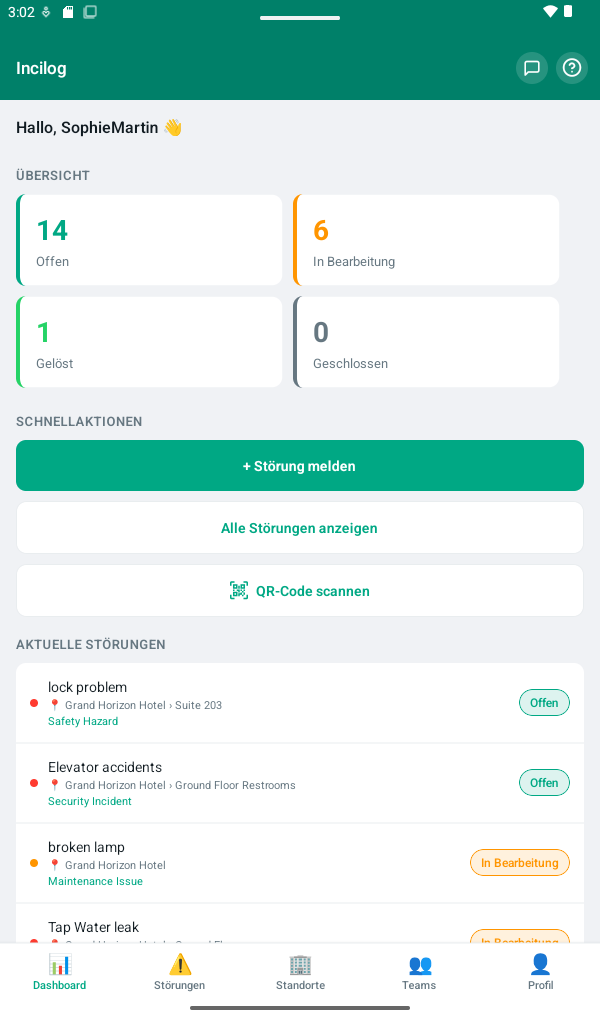 Dashboard des Mitglieds