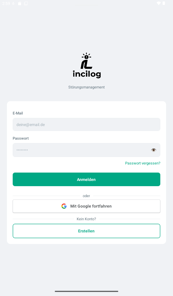 INCILOG-Anmeldebildschirm