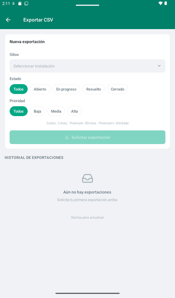 Exportación CSV de incidentes