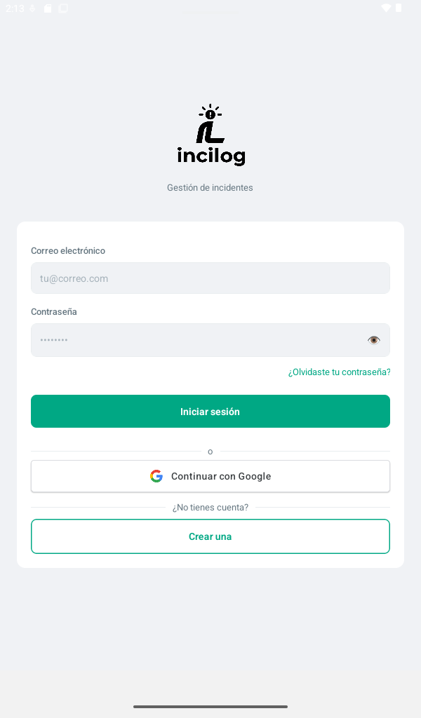 Pantalla de inicio de sesión de INCILOG